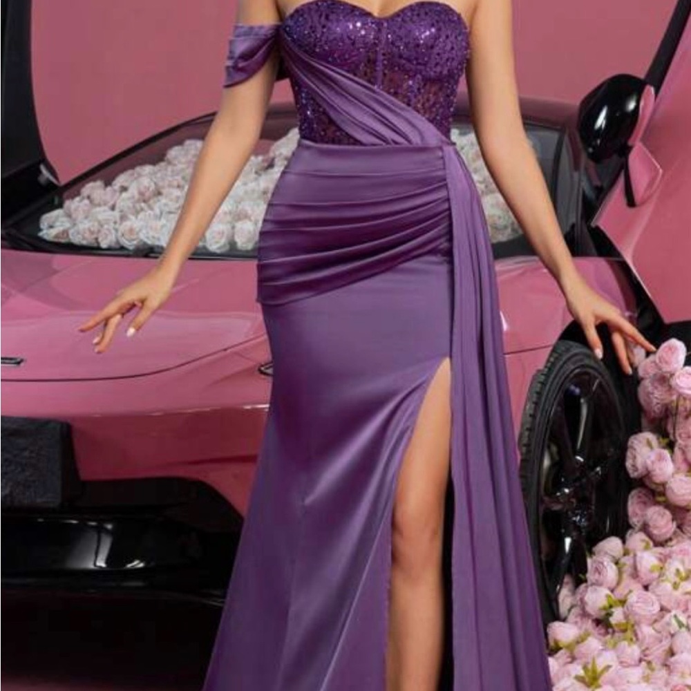 Faeriesty Strapless Beaded Bustier Evening Gown with high leg slit